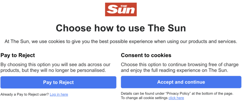 Pay to reject GDPR Example